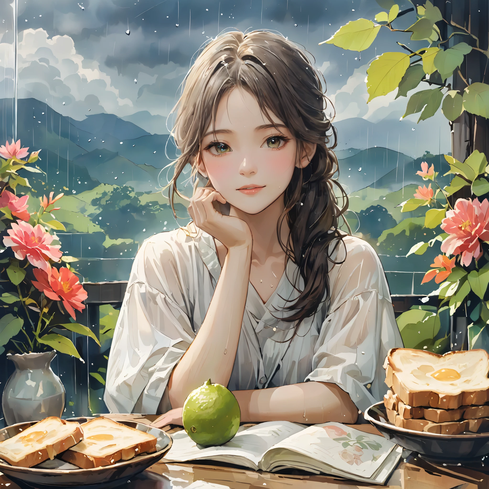 rain, rain, Picturesque, Wide visual acuity ,  beautiful face,  Portrait,  pants style,  drawn on Japanese paper , Afternoon time, Talk,  plastic,late summer, High in the heavens,  toast to those eyes ,  scent of lime , touch,  stand up ,  Kannazuki, woman, Portraiture,  vibes