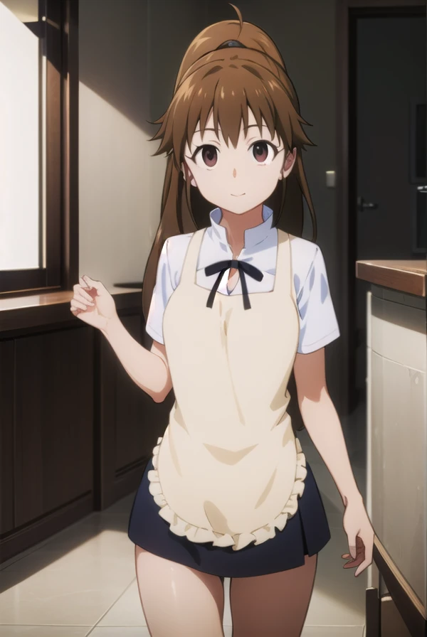 Popurataneshima, Popura Taneshima, Long Hair,  brown hair, ( Brown Eyes :1.5),  ponytails bleeding from the vagina, Ahoge, smile,
break apron,  waitress , Short sleeve,  skirt, black  skirt,
break indoors,  restaurant ,
break looking at viewer, ( cowboy shooting alone:1.5),
break (masterpiece:1.2),  best quality,  high definition ,   Unity 8K Wallpaper, (Illustration:0.8), ( BEAUTIFUL AND DETAILED EYES :1.6),   very detailed face in light blue underwear ,  perfect lighting,  highly detailed CG , (  Perfect Hand, perfect anatomy),Busty ,