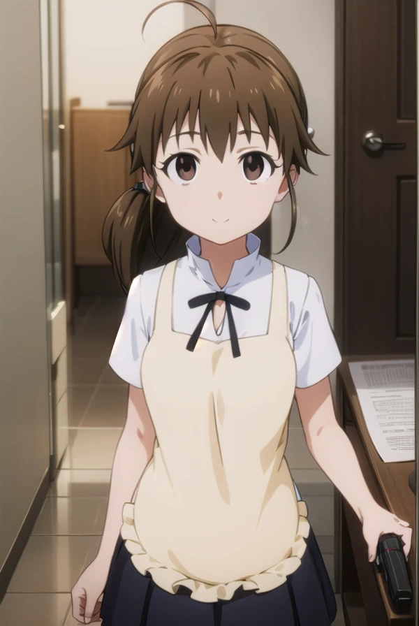 Popurataneshima, Popura Taneshima, Long Hair,  brown hair, ( Brown Eyes :1.5),  ponytails bleeding from the vagina, Ahoge, smile,
break apron,  waitress , Short sleeve,  skirt, black  skirt,
break indoors,  restaurant ,
break looking at viewer, ( cowboy shooting alone:1.5),
break (masterpiece:1.2),  best quality,  high definition ,   Unity 8K Wallpaper, (Illustration:0.8), ( BEAUTIFUL AND DETAILED EYES :1.6),   very detailed face in light blue underwear ,  perfect lighting,  highly detailed CG , (  Perfect Hand, perfect anatomy),Busty ,