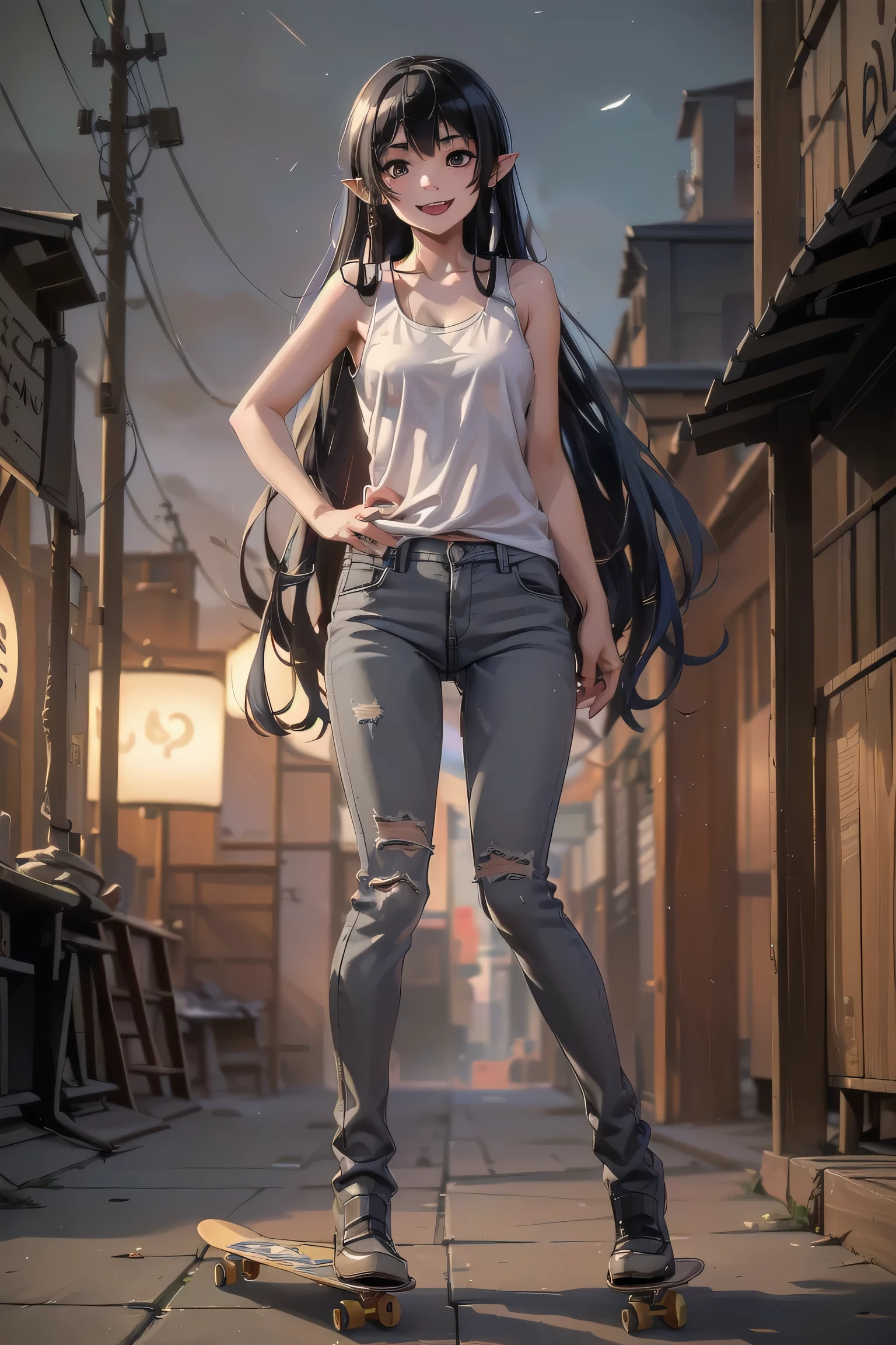 adventuretime_marceline, ((masterpiece,best quality)), ((1girl,vampire,solo,black hair,pointy ears,black eyes,fangs,grey skin)), ((very long hair,grey tank top,jeans,red boots)), ((smile,skateboard,park)),((outdoors,night time)), 