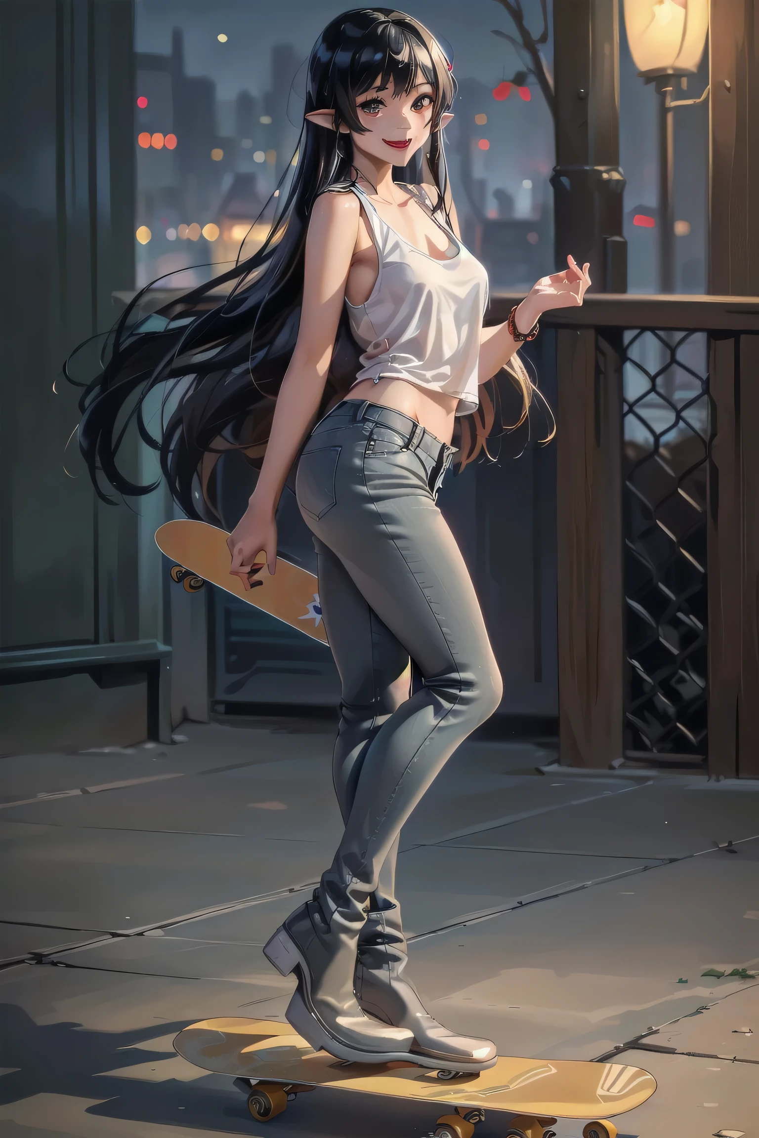 adventuretime_marceline, ((masterpiece,best quality)), ((1girl,vampire,solo,black hair,pointy ears,black eyes,fangs,grey skin)), ((very long hair,grey tank top,jeans,red boots)), ((smile,skateboard,park)),((outdoors,night time)), 