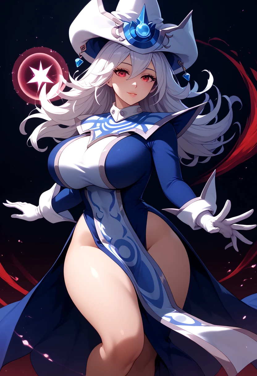 Perfect CG unity 8K UHD wallpaper, Perfect CG unity 8K UHD wallpaper, silentmagician, white hair, floor lenght hair, red eyes, wizard hat, blue dress, hip vent, long sleeves, white gloves, tabard, pelvic curtain, gradient background, magic background, wide hips, thick thighs, huge breasts