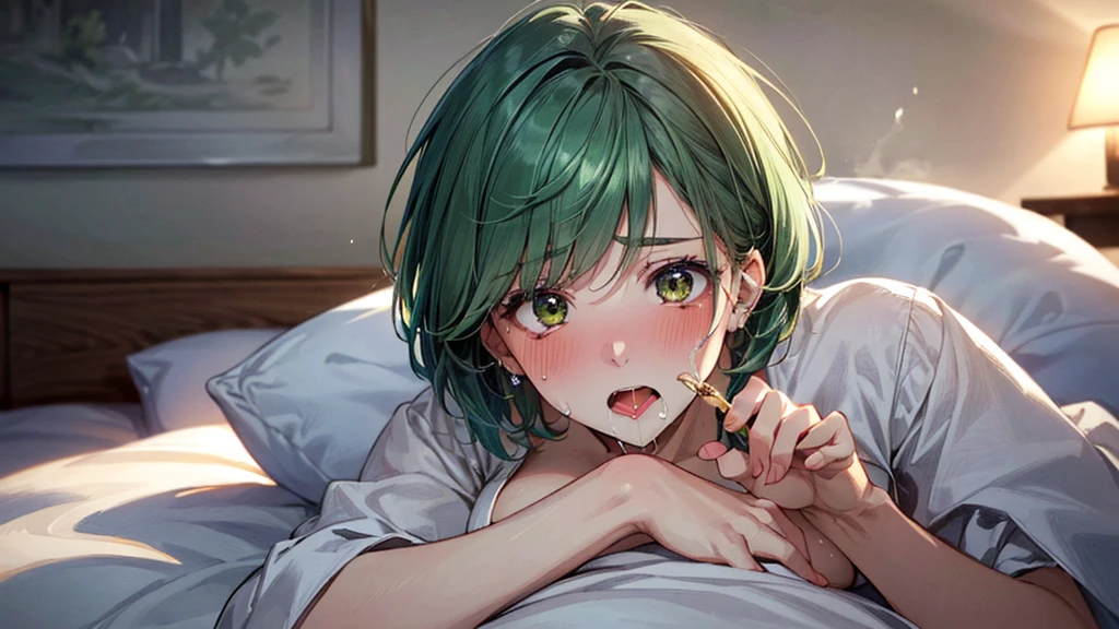 NSFW,(((fellatio))),1 boy,penis,((cum facial)),(many cum),(Best Quality,High resolution,8k,finelity detailed background,Masterpiece:1.2),beautiful girlがペニスを咥える,beautiful girl,Shiny green hair,messy hair,Beautiful green eyes,Best quality,Best Quality,Aesthetic and aesthetic:1.2,Best details((Super detailed))(High-definition CG illustrations),big boob,cute,cute,Looking up,blush,nude,on the bed