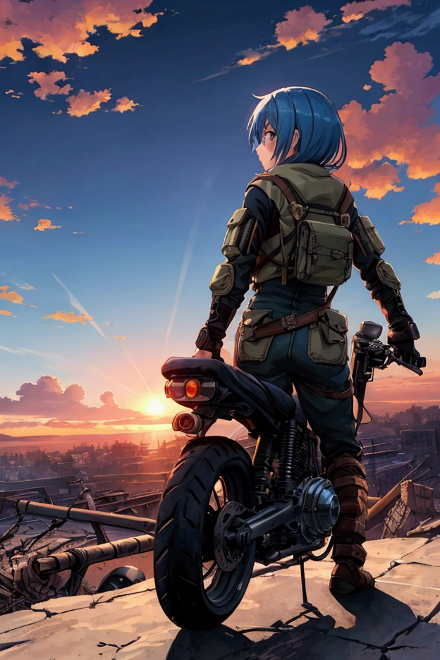 Masterpiece,Best quality, ultra detailed,Anime style,  Post-apocalyptic, devastated world, horizon, sunrise, sky about to dawn, girl, blue hair, goggles, boyish, traveler's costume, motorcycle, back view, decadent atmosphere, a moving scene full of beautiful light. ,