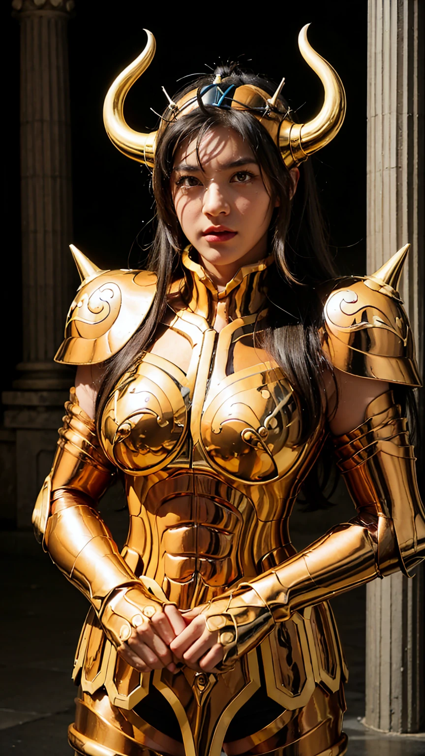 Taurus, helmet, horns, buffalo horns, pauldrons, fingerless gloves,female, muscular, 170 cm tall, twoblock style hair, black hair, black eyes, realism, masterpiece, textured skin, super detailed, high detail, high quality, quality best, 1080p, 16k, highly detaied, Athena temple, huge boobs,  The atmosphere is dramatic and cinematic, with soft, diffused lighting and a sense of quiet power and mystery." Highly detailed, photographic, 