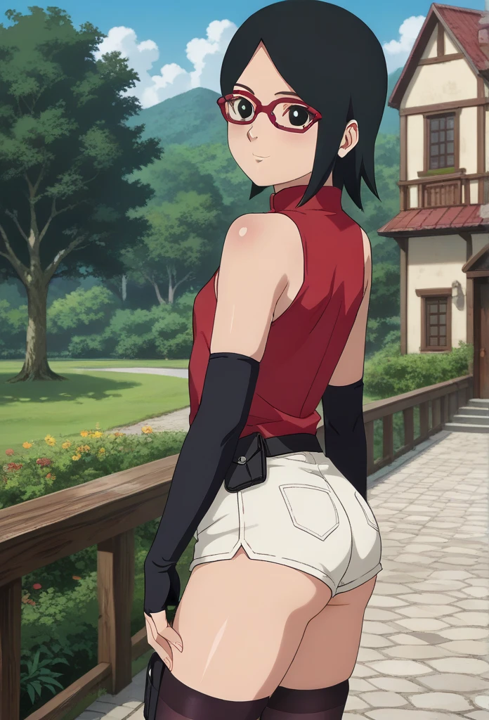 Official_art, anime screencap, perfect body, beautiful body, beautiful legs, perfect face, perfect eyes, Sarada Uchiha, solo, 1girl, black hair, short hair, red-framed eyewear, glasses, black eyes,red dress, sleeveless, elbow gloves, black gloves, fingerless gloves, white shorts, black thighhighs, thigh holster, side view, large round butt, bubble butt ,konohagakure village pathway, flat chest, sexy legs, 