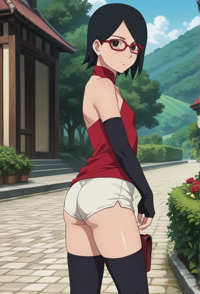 Official_art, anime screencap, perfect body, beautiful body, beautiful legs, perfect face, perfect eyes, Sarada Uchiha, solo, 1girl, black hair, short hair, red-framed eyewear, glasses, black eyes,red dress, sleeveless, elbow gloves, black gloves, fingerless gloves, white shorts, black thighhighs, thigh holster, side view, large round butt, bubble butt ,konohagakure village pathway, flat chest, sexy legs, 