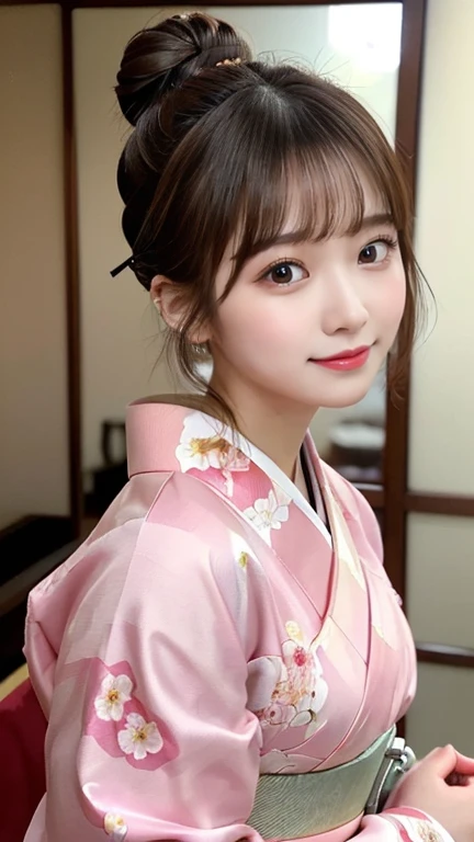 masterpiece、Actual Photos、(Cute looks:1.2)、(Cute beautiful girl:1.2), (Facial beauty:1.3),(bun: 1.2)、( detailed and beautiful eyes :1.1),  cute eyes hidden in long bangs、( detailed eyes :1.3)、 small face 、(Popular Korean makeup:1.3),smile、( pink kimono:1.2)、(Floral:1.3),(hairpin:1.3)、(Long-sleeved kimono:1.1)、(My reflection in the mirror:1.3),(Japanese-style room:1.2),(whole body:1.5)