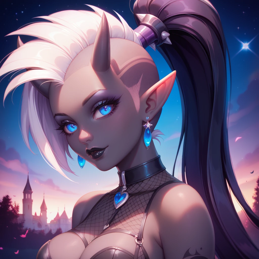 score_9, score_8_up, score_7_up, ((Masterpiece)), ((highres)), ((1person, 1girl, 1female)), Random poses, beautifully detailed succubus girl, ((white mohawk w/ponytail)), defined elf ears with ear guages, defined eyes, pastel iris, long eye lashes, defined nose, black lipstick, curvy, fishnet, (((Black skin))), black demon horns, breasts, night sky, pastel gothic style, gothic style art, gothic asthetic, (((gothic background))), bust shot