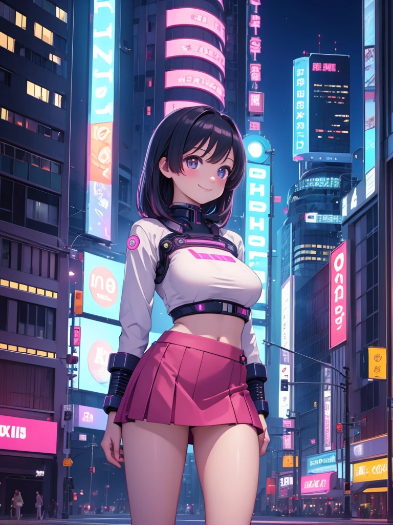 masterpiece,high resolution,1girl,((solo)),full body,woman,light smile,blush,medium breasts,skinny,realistic,20age,lothes of the Future,mini skirt,Cyber ​​city of the future,midnight,Glowing neon advertising sign