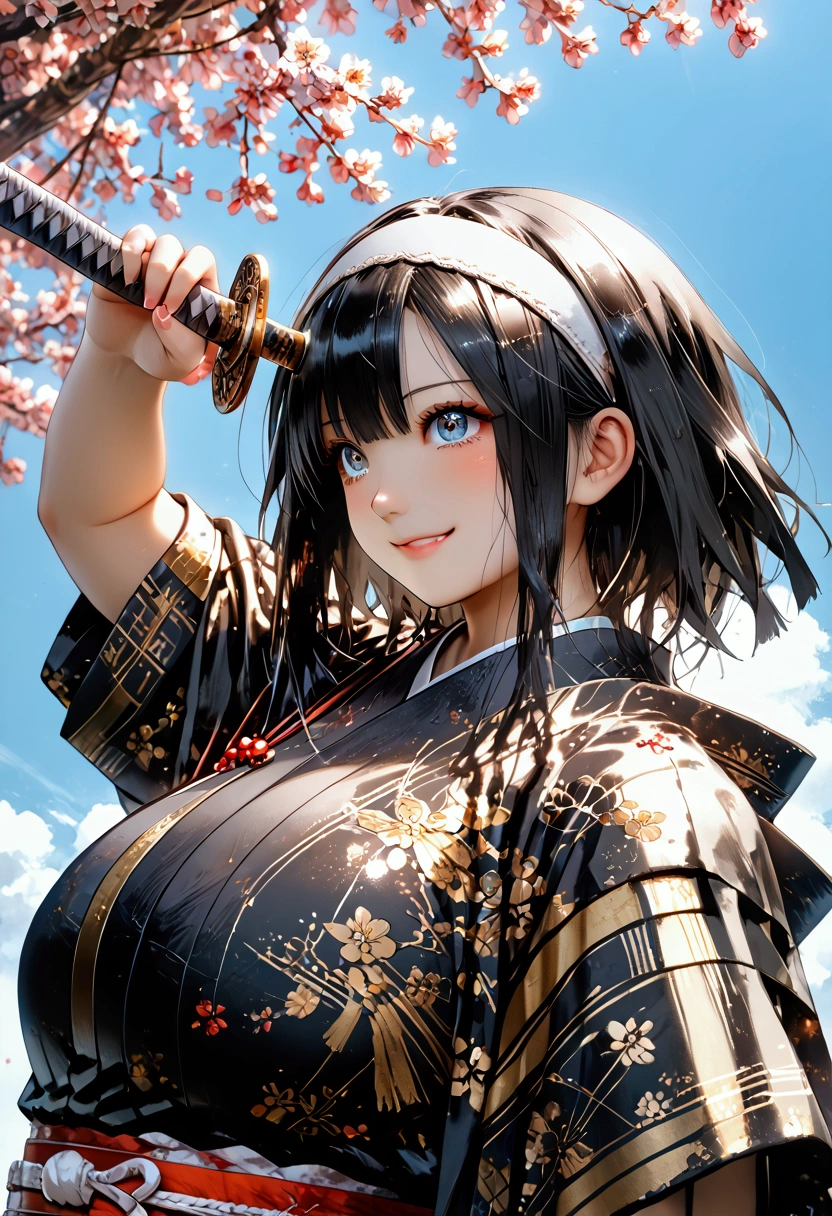 ((( Japanese woman with a viewing angle of))),(((Old Japanese Female Warrior )))、(((Female warlord)))、(((Warrior Princess)))、(((War Goddess)))、(((((古い日本の鎧)))))、(((((Clothing)))))、((( black hair)))、((( Short Hair )))、(((White headband)))、((( waving Japanese swords )))、(((smile)))、((( look up )))、(((Frowning)))、(((Sharp Eyes)))、((( painful expression)))、(((blue sky)))、(((cherry blossoms)))、((( Japan's Warring States Period)))、「 best quality、masterpiece、  illustration without a face 、 very delicate and beautiful、 very detailed、CG、8k wallpaper、 amazing、 details、masterpiece、最高の究極の芸術 very detailed CG Unity 8k wallpaper」、(Gigantic Huge Breast)、(Muscular)、(Dynamic picture )、