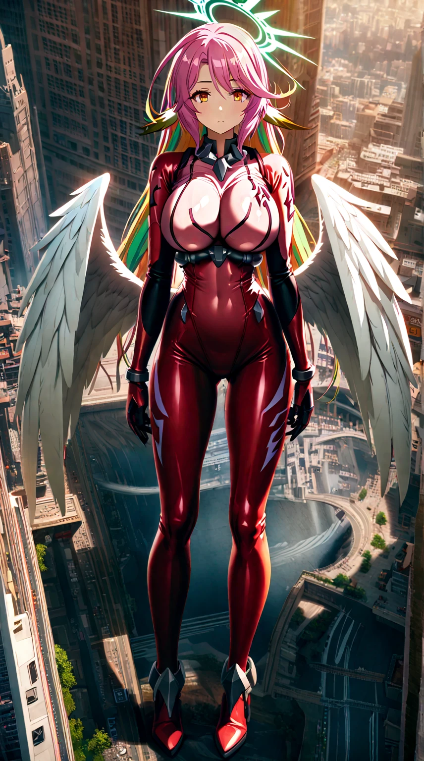 jibril,(big breast:1.5),(big white wing),(glamorous),full body,red bodysuit,shiny bodysuit,colorful hair,halo,sharp focus,(mechanical ear),extremely detailed CG,expressionless,realstic,standing,girl towering over miniature city,giant girl,road,from above,daytime