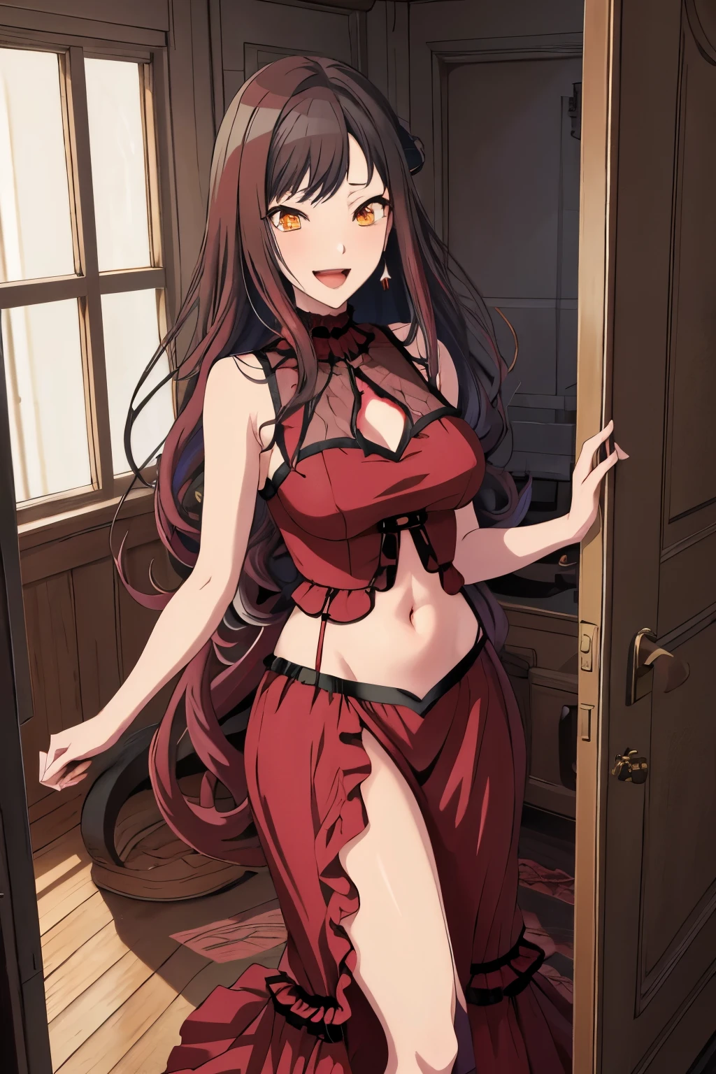 Shiraishi An, large breast, long hair, earrings, red lips, large breasts, ear piercing, long hair, blush, lipstick,Hot girl, baddie,
smoking, sensual, attractive, masterpiece, best quality, highly detailed, a anime girls in long dress with navel cutout posing for a
picture, evil smile, smile, open mouth, (nsfw) not safe for work, revealing dress, beautiful dress center
opening , long dress with bellybutton showing, ecchi anime style, anime girls, ecchi style, ecchi, digital
anime art!!, in anime style, official artwork, visual novel cg, beautiful anime girl, anime style 4 k, exposed
navel, exposed bellybutton, jewelry, earrings, complex detailed background, casino environment, fancy
interior environment, rich interior