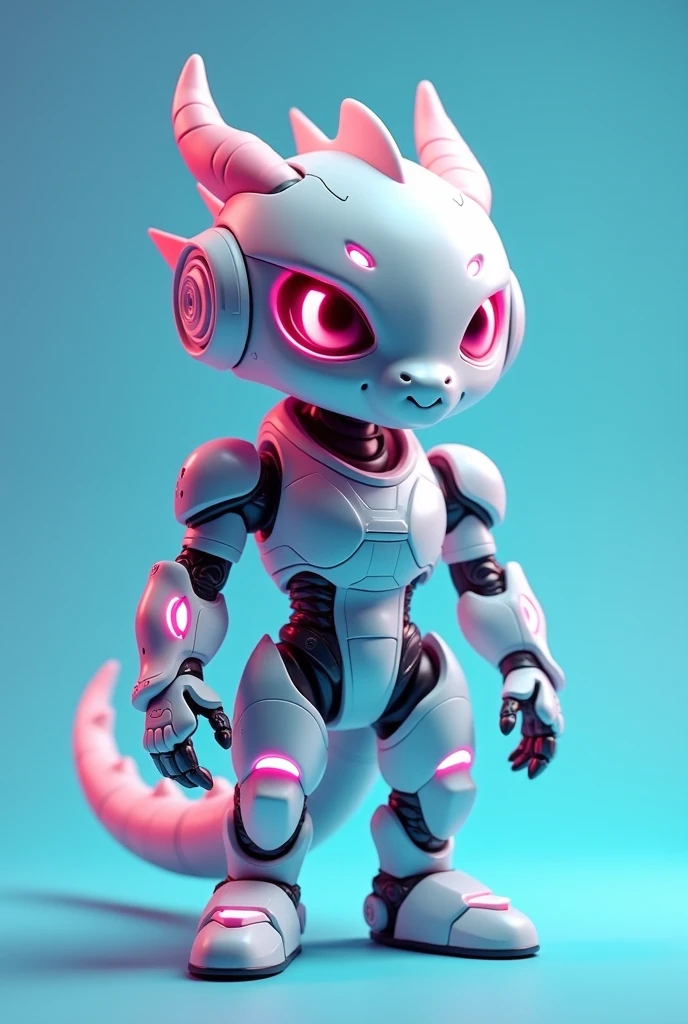 a super cute Chinese dragon wearing mecha suits, newdra, 3D mecha chibi toy, cute cyborg, solo, trendy toy style, 3D art, standing, full body, half mecha silver helmet, full body mecha white suit, style of futuristic cyberpunk, pink and cyan techno-neon lighting on suit, glowing eyes, looking at viewer, symmetric composition, blue gradient background, Blender, artstation, 3D rendering, studio illumination,