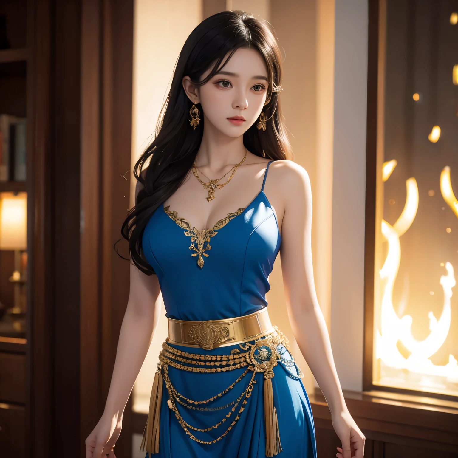  Wearing a Blue Dress 、Arav woman wearing a gold belt and necklace,  3D Rendered Character Art 8K ,  trending on cgstation , Chen Weipan on Artstation , Inspired by Lan Ying,  8K Artgerm Bokeh , 8k HD High Quality Detailed Images ,  deviantart artstation cgscosiety , cgsociety 8k, cgsociety 8k