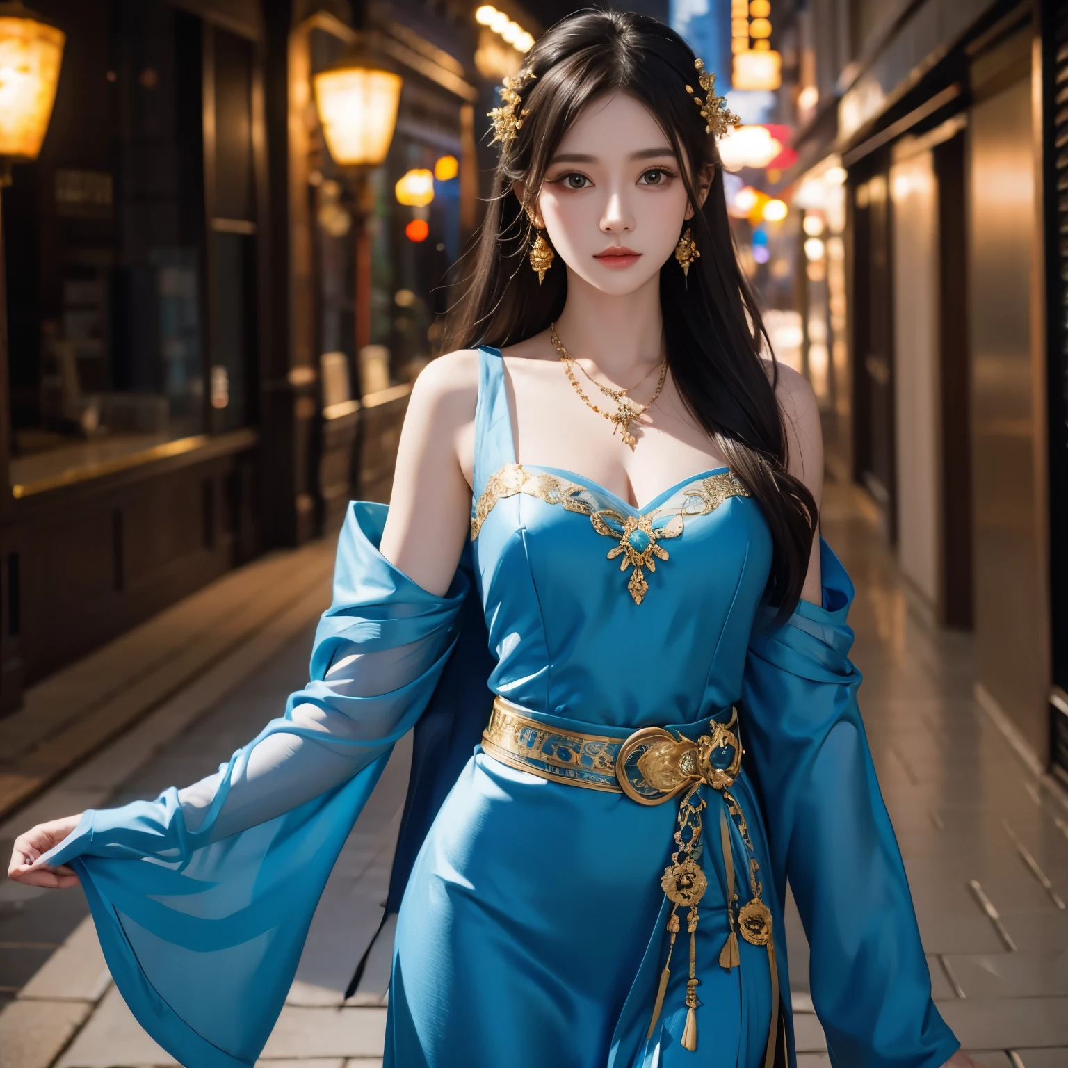  Wearing a Blue Dress 、Arav woman wearing a gold belt and necklace,  3D Rendered Character Art 8K ,  trending on cgstation , Chen Weipan on Artstation , Inspired by Lan Ying,  8K Artgerm Bokeh , 8k HD High Quality Detailed Images ,  deviantart artstation cgscosiety , cgsociety 8k, cgsociety 8k