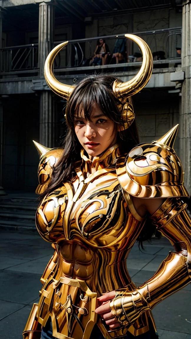 Taurus, helmet, horns, buffalo horns, pauldrons, fingerless gloves,female, muscular, 170 cm tall, twoblock style hair, black hair, black eyes, realism, masterpiece, textured skin, super detailed, high detail, high quality, quality best, 1080p, 16k, highly detaied, Athena temple, huge boobs,  The atmosphere is dramatic and cinematic, with soft, diffused lighting and a sense of quiet power and mystery." Highly detailed, photographic, dynamic pose, 