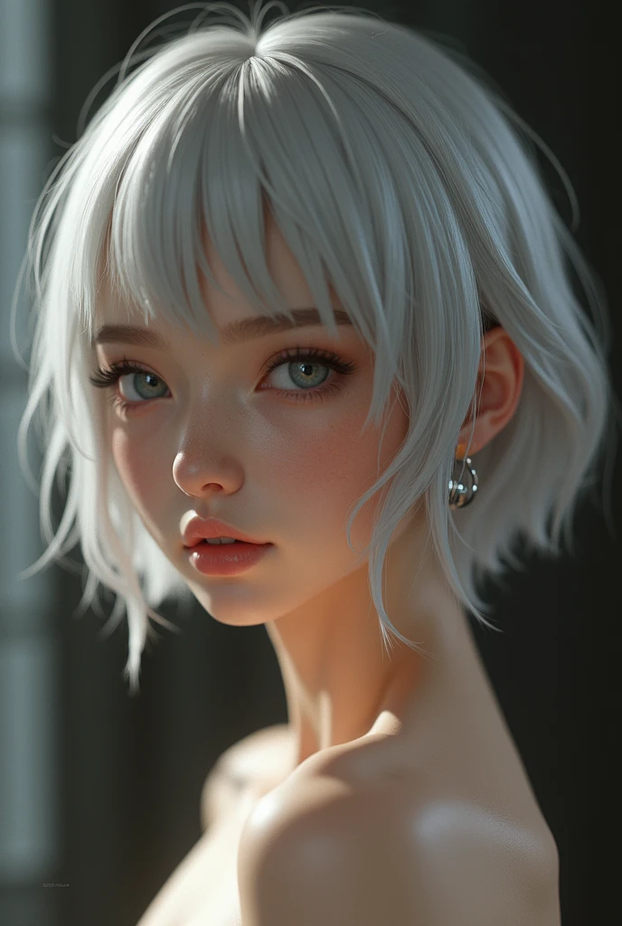 ((best quality)), ((masterpiece)), (detailed), perfect face. White hair. Short hair. Ponytail. Anime girl. Asian girl. Ulzzang. Pink eyes. Nekomimi. Glowing eyes. Smile. V neck.
