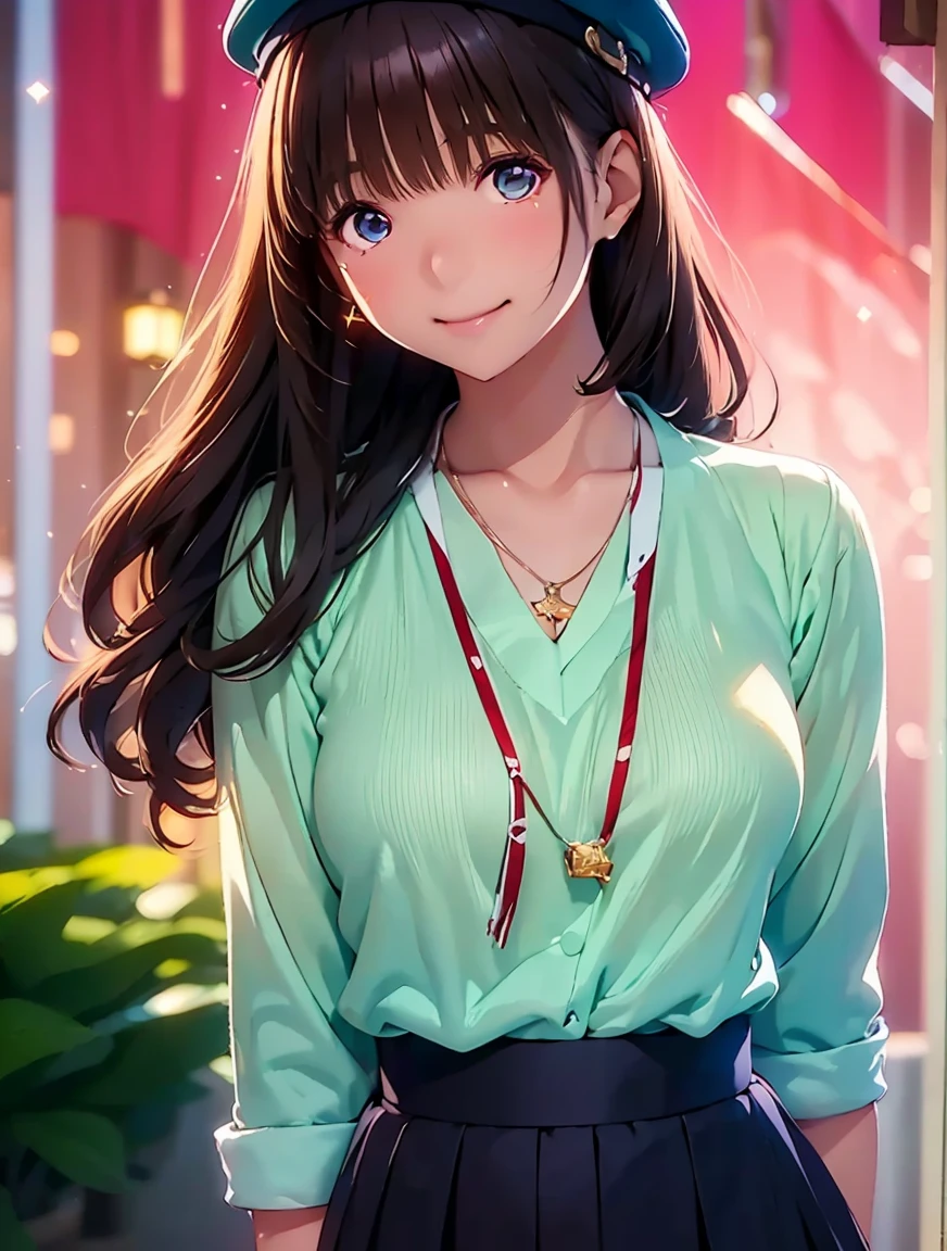   high definition  ,In 8K, best quality , Details, semi-realistic anime , D-anime style, Smooth Anime CG , one girl who is at ease, 19-year-old Japanese woman, very cute ,((beauty)), slim,modeling,((Sparkling Eyes)),((long hair that extends to the chest)),(( wavy maroon hair with bangs)),(( Takashimaya guide hat and uniform )),(( dark blue with red and white thin lines )),((Attendant clerk )), pink lips, Shiny brown hair, Detailsな顔,Beautiful and  Details,,((深い青紫色のSparkling Eyes)),(Shut your mouth.),(Smile),(( Necklaces )),(( beautiful jade bokeh background ))