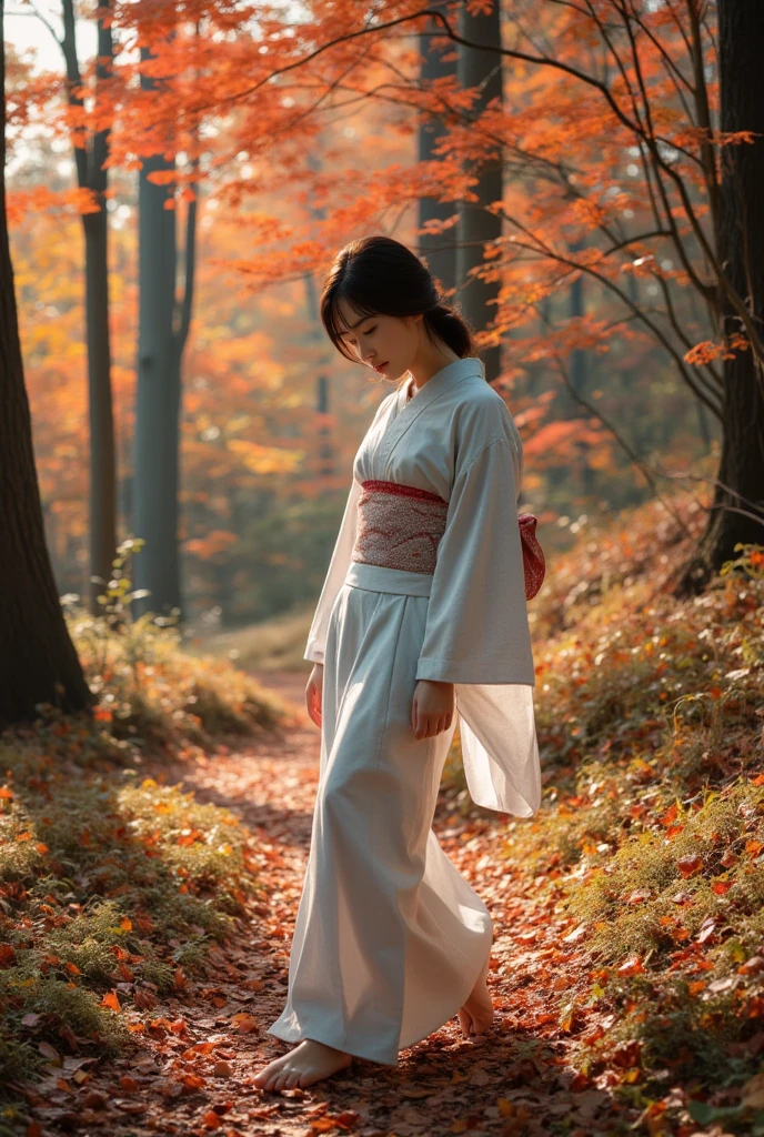 Here is the image of the slender Japanese woman walking through an autumn forest, as described. Let me know if you'd like any adjustments or further details!