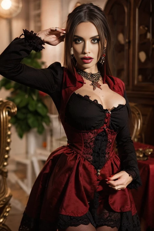 1 gorgeous european woman, light brunette straight hair, {blue | green | grey} eyes, she's a men magazine model, flirts with camera, seducing smile, fancy makeup, heavy eye makeup, red lipstick, ((detailed and sexy steampunk costume, red Santa dress)), (((black openwork stockings with complex intricate patterns and wide lace top))), garter belts, leather accessories, black thigh boots with stiletto heels, long frilly skirt, pose seductive, full body shot, cleavage, Christmas tree, in a snowy garden by a starry night (sitting on floor), ultra sexy, (Best Quality, 16K, Masterpiece, UHD, Ultra quality cinematic lighting, Huge detail, Well lit, 35mm, sharp, hyper realistic, epic scale, insane level of details, beautiful detailed woman, very detailed eyes and face, beautiful detailed eyes, ultra detailed skin, realistic skin)