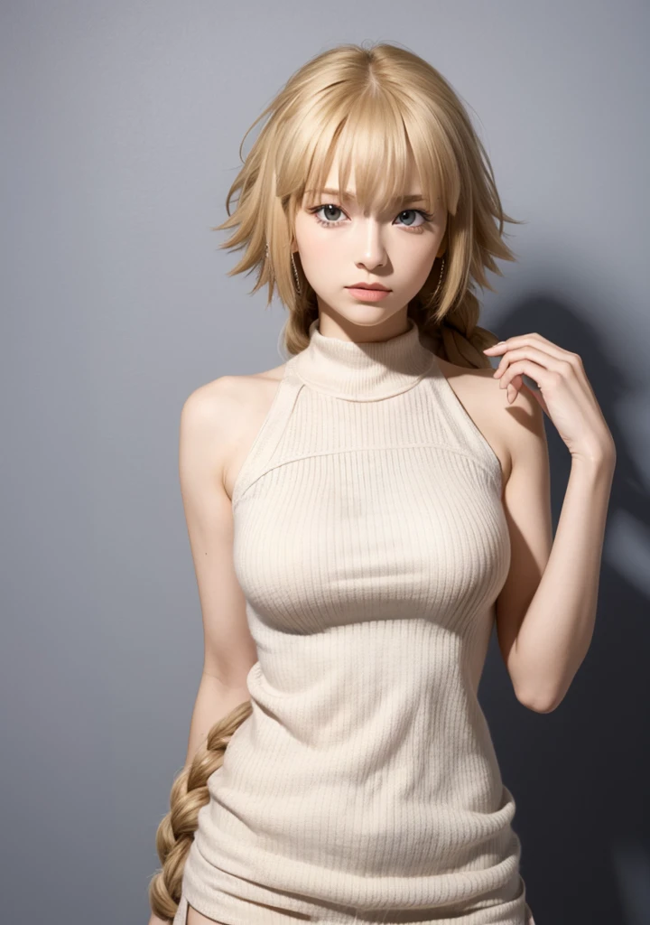 masterpiece, best quality,  highres icon, aajd ,very long hair, single braid, long braid, sweater dress, ribbed sweater, sleeveless, standing, cowboy shot,  high definition ,  Ultra High Definition,  textured skin,  Very detailed, big breasts, pale skin, beautiful face, simple background 