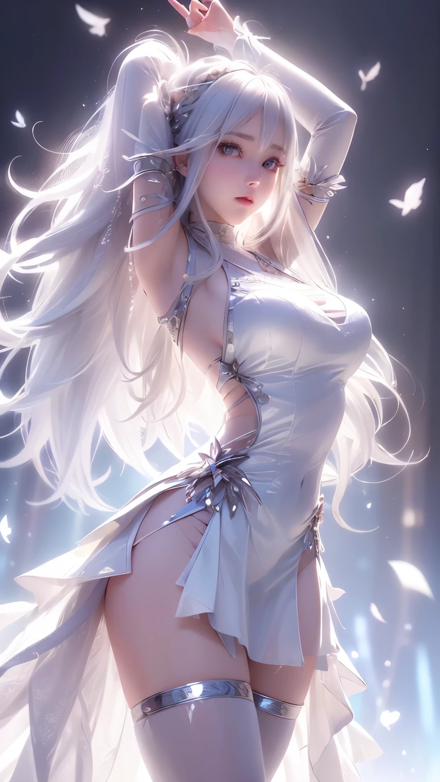 (White Wings,angel:1.2),(White feathers falling on the background:1.1)， （（masterpiece））， （detailed：1.4），Realistic、 beautiful woman images，High resolution（High Dynamic Range），Ray Tracing，NVIDIA，Super Resolution，PBR Textures，Post-processing，Anisotropic Filtering，Maximum depth of field resolution and crisp layered textures，Albedo and Specular Maps，surface shading，Accurate simulation of material interactions，Perfect balance，Rendering with Octane，2-color light，Large Diameter，Low ISO，White balance，Rule 3 points、8K raw data、Backlight、dancing woman、Beautiful white and shining skin、White hair that changes with the light、Long bangs obstruct the view、Highlights of cheek luster、Sexy and very beautiful and lovely face、The most beautiful face in the world、Super long and gorgeous white hair、Smooth straight hair、White hair blowing in the wind、big, Sparkling light blue eyes、Beautiful Bangs、Beautiful cute girl 25 years old、Enchanted Valley、Beautiful dress、from side