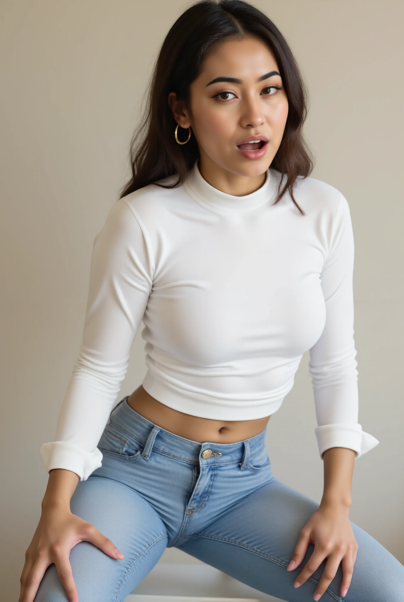 25-year-old woman, Beautiful Japanese Woman、Fair skin、Beautiful Skin、tight white turtleneck sweater, Puffy nipples、tight jeans pants, Jacket、Medium Milk, cutesmile、(Butt sticking out pose)、(looked back)、Sexy Hips、Park with a lake、Sexy pose、sexy lace panties、Large Necklace、Earrings、Full-body photo、(Wet pants、Wet lower body、Wet crotch:1.3)、Pale image、high resolution、Delicate、slender、Beauty、cute、smile、Weak contrast