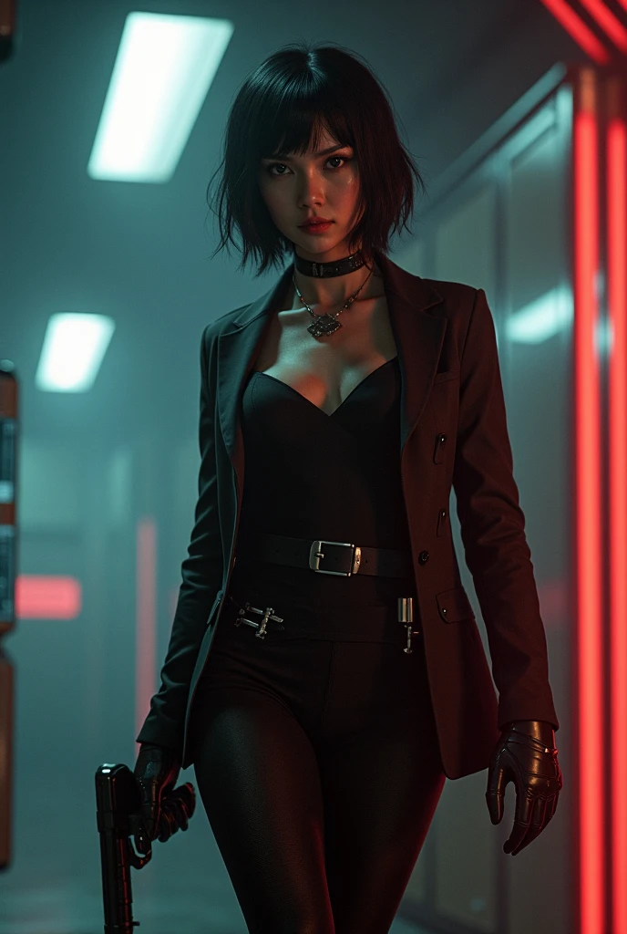 (A beautiful 25 years old female vampire mercenary:1.4), (short wolfcut black hair:1.2), (pale skin), (detailed skin:1.2), (serious face), (wearing crimson leather jacket and black tight pants:1.4), (waist up shot:1.2), view from front, (dynamic action pose:1.2), (chiaroscuro lighting:0.8), (dark city at night:1.2), photo realism, intricate face detail, intricate hand details, highly detailed, vibrant colors, cinematic, 8k, trending on Artstation--style raw