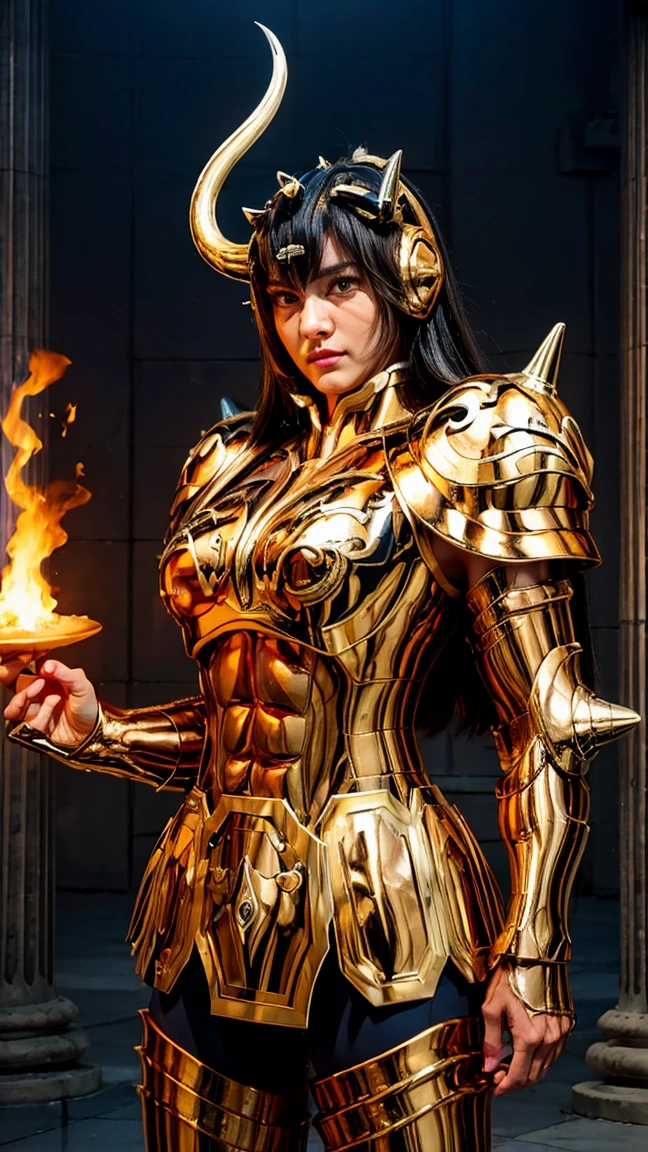 Taurus, helmet, horns, buffalo horns, pauldrons, fingerless gloves,female, muscular, 170 cm tall, twoblock style hair, black hair, black eyes, realism, masterpiece, textured skin, super detailed, high detail, high quality, quality best, 1080p, 16k, highly detaied, Athena temple, huge boobs,  The atmosphere is dramatic and cinematic, with soft, diffused lighting and a sense of quiet power and mystery." Highly detailed, photographic, dynamic pose,sky blue, detailed background, HDR,  