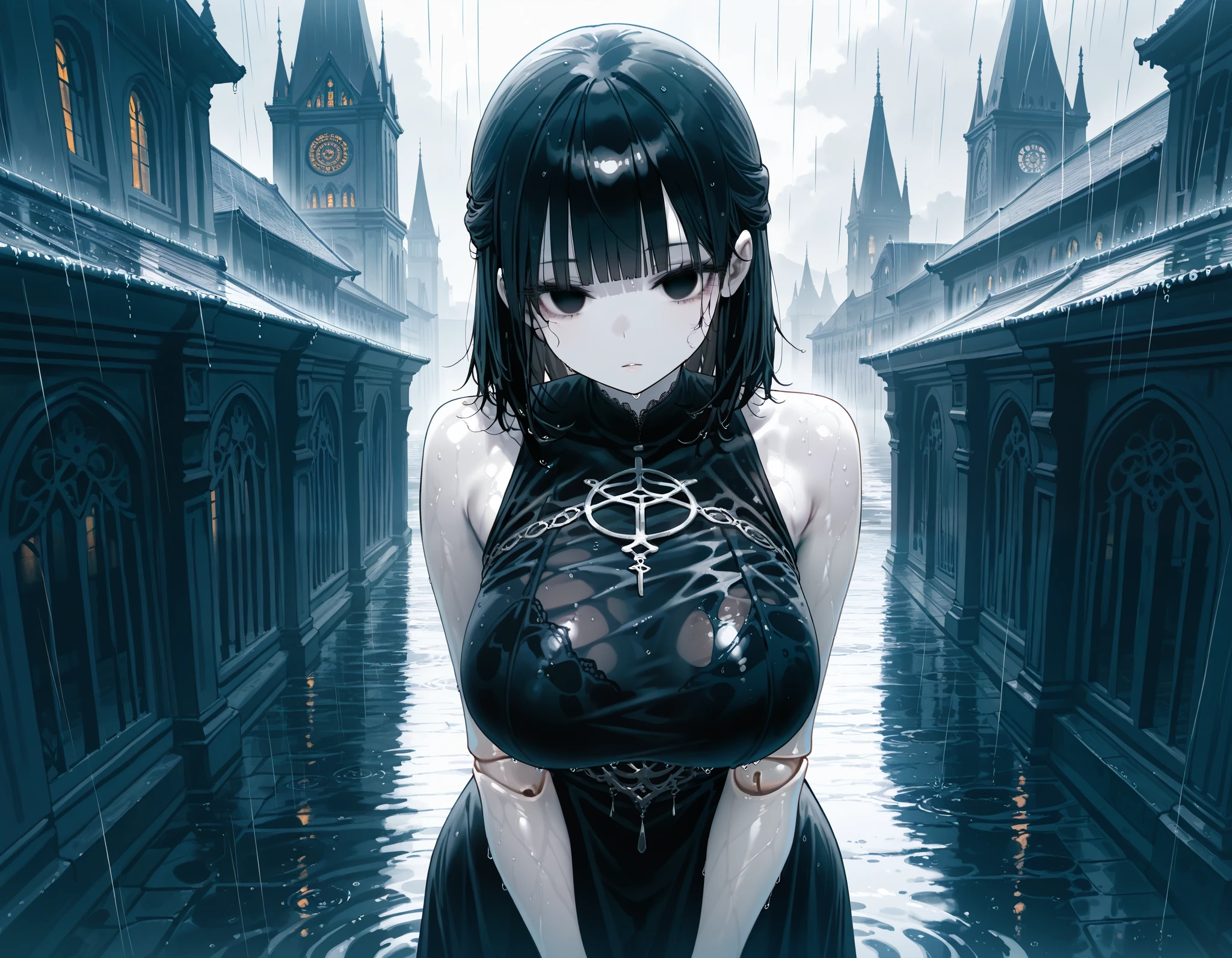 1girl, solo, large breasts, looking at viewer, black eyes, wihte hair, (pale skin:1.4), medium hair, empty eyes, outdoors, doll joints, half updo, blunt bangs, rain, wet, gothic architecture, standing, black dress, silver eyelashes, monochrome, high contrast, spot color, bare shoulders sleeveless, masterpiece, best quality, amazing quality, very aesthetic, absurdres, newest,