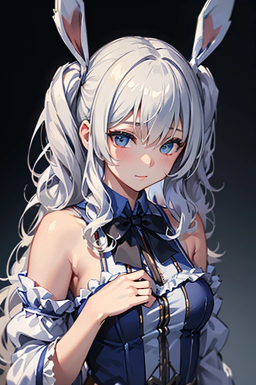  1 girl, masterpiece,  best quality, 8k,   fine skin texture,  fine fabric texture ,  beautiful detailed face ,  intricate details,  super detailed,  Alice in Wonderland ,  upper body, twin tails,  very long hair,  hair to hide one eye,  shiny hair, Vertical Roll, Curly Hair, 