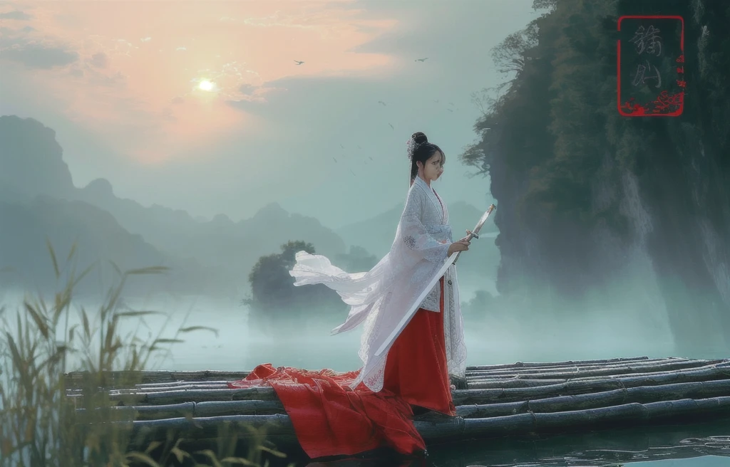 ((masterpiece))), (((best quality))), ((super detailed)), (highly detailed computer illustration), ((extremely delicate and beautiful)),  long raft with,
1girl, sword, weapon, solo, black hair, bird, outdoors, grass, scenery, tree, crane (animal), hanfu, holding, chinese clothes, hair ornament, wide sleeves, sun, sheath, cloud, standing, sky, holding weapon, holding swo,
(Real waterRealistic waterflowing water:1.0)ripples
