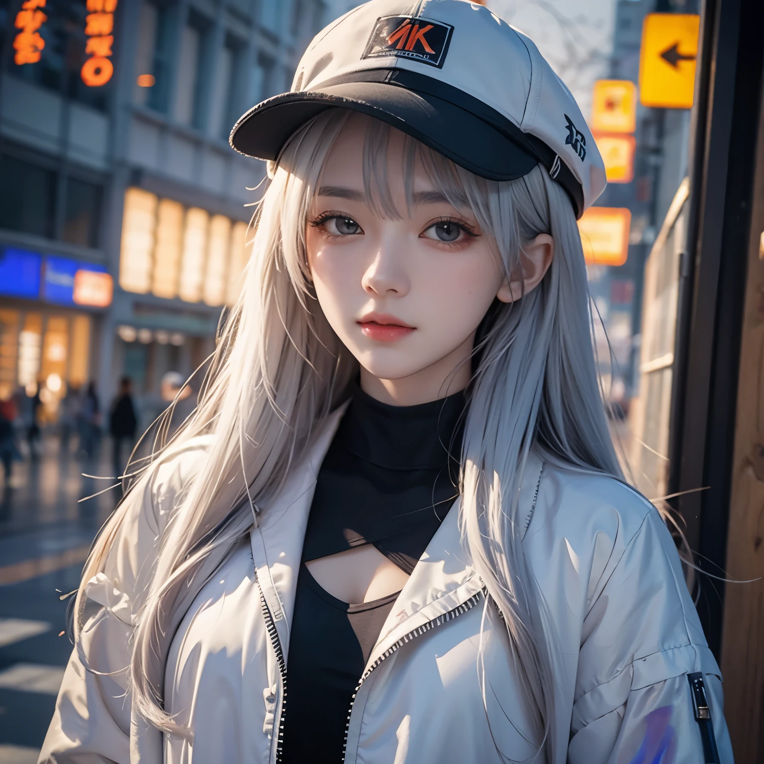 masterpiece,  of the best quality , 4K,  Ultra HD, Sanzhuang City, painting,  beautiful eyes and a detailed face, illustration, Exquisite and detailed, high resolution illustration, Luminescence_White_particles, 1 Girl, White hair,  light purple eyes , Hair covering one eye, Short side details,  Baseball Cap ,No Expression, curtain, Black jacket, Chest Mount,  cyberpunk, Technical clothing,(Impressionism:1.4)