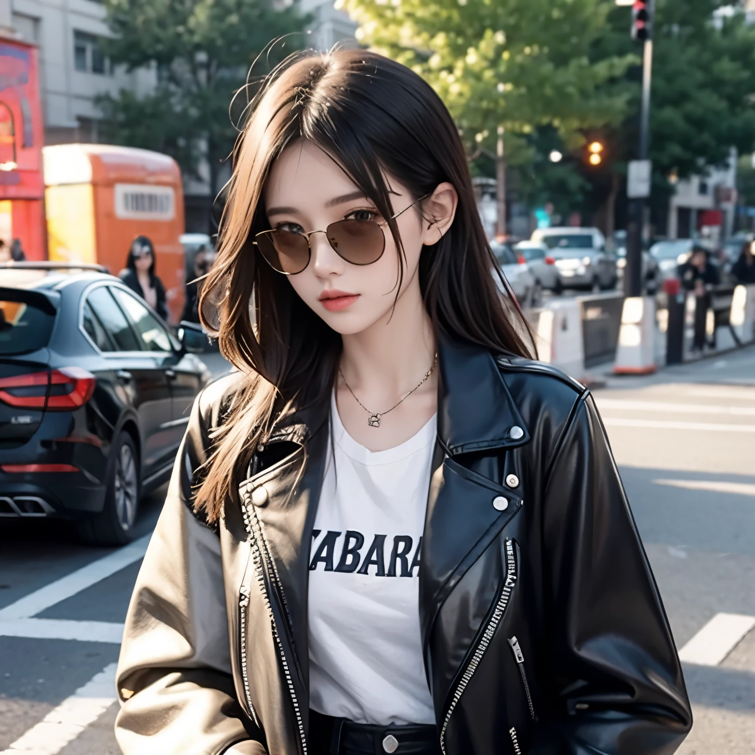 (masterpiece:1.2,  of the best quality ), 1. Ms.,  unique ,  upper body, Big ,  trendy leather jacket with a white t-shirt and ripped jeans,Wear light makeup at any  ( music festival or trendy downtown district ) Statement sunglasses and large jewelry, [With shoulder bag for easy carrying