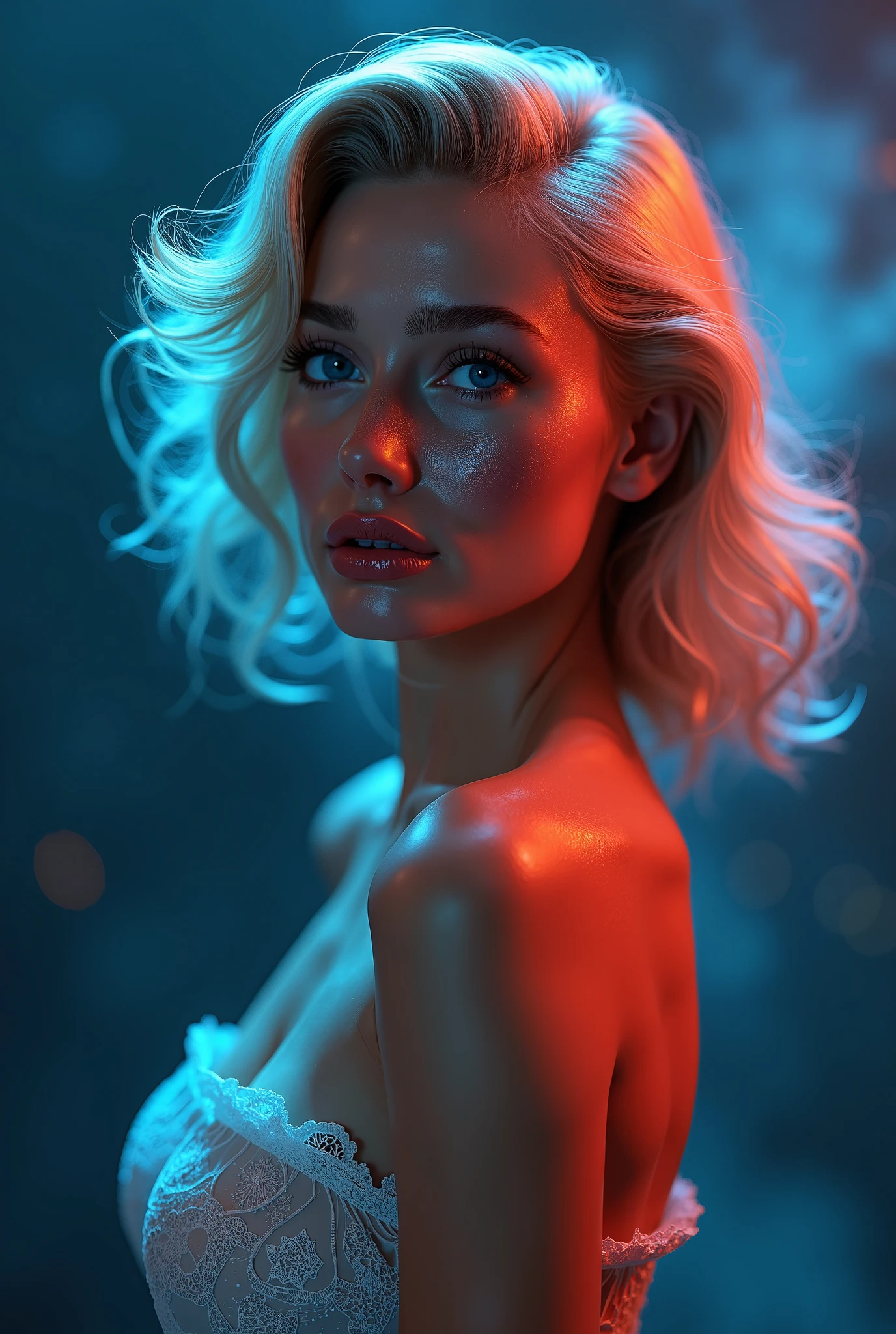 woman with realistic freckles and withe hair of woman with freckles and with hair like Marilyn Monroe and blue and red studio lights on her and dark blue background, exposed perfect nude big breasts, erected puffy nipples, high resolution, extremely detailed, 4k.