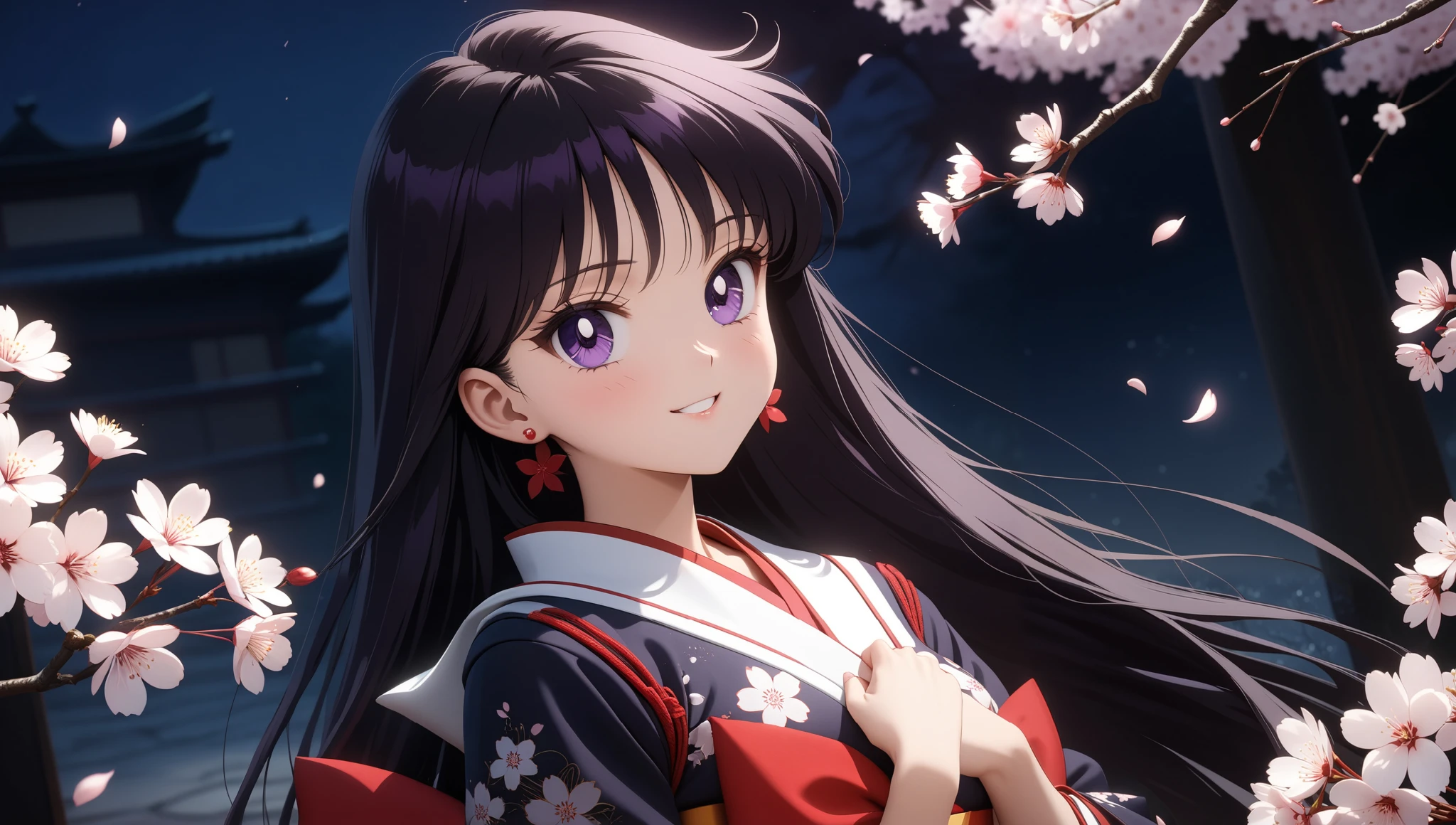 (masterpiece, best quality, very aesthetic , ultra detailed), intriguing details , 4K, aamars, long hair, black hair, small breasts, looking at camera, white cherry blossoms, smile, detailed background, intricate details, black night, Furisode, sensual poses