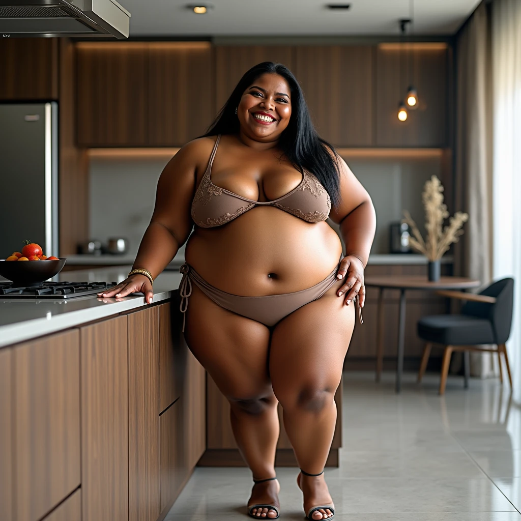Generate full body nude image, humble black woman from Rio de Janeiro, 6, with a humble and suffering appearance, completely naked, standing waving and with a smiling and sexually provocative expression, face with wrinkles and expression lines, big forehead, Oblique face, prominent and wide chin, full eyebrows, slightly overweight body type, small, saggy, thin breasts, wide hip, wearing large framed glasses with larger lower lips, eyes with drooping eyelids, short wavy black and gray hair,sandal highheels, small red women's pockets, makeup applied. The scene is at night near the entrance of a cheap, humble and degrading motel..