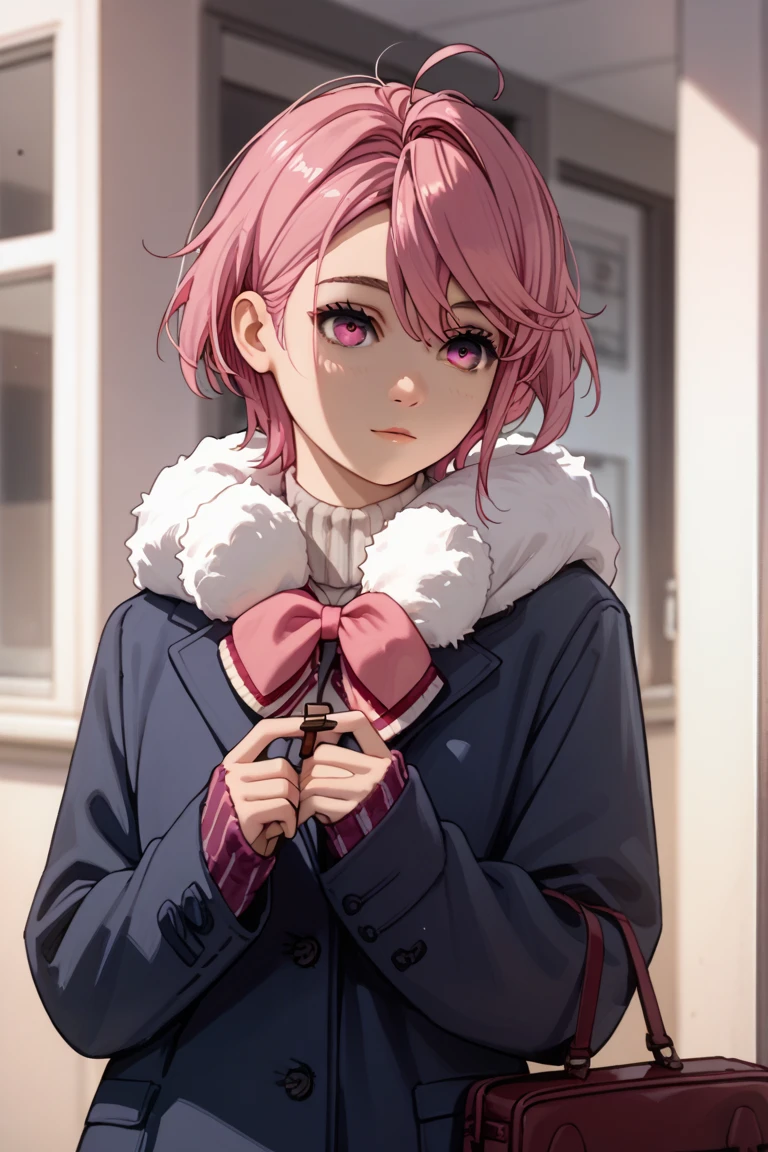 1girl, solo, Shiratori Aira,  casual short hair ,  I'll brush up my hair, Ahoge, 73 part bangs ,  pink hair, Pink Eyes,High school girl, Winter clothes,