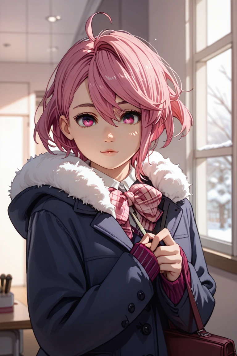 1girl, solo, Shiratori Aira,  casual short hair ,  I'll brush up my hair, Ahoge, 73 part bangs ,  pink hair, Pink Eyes,High school girl, Winter clothes,