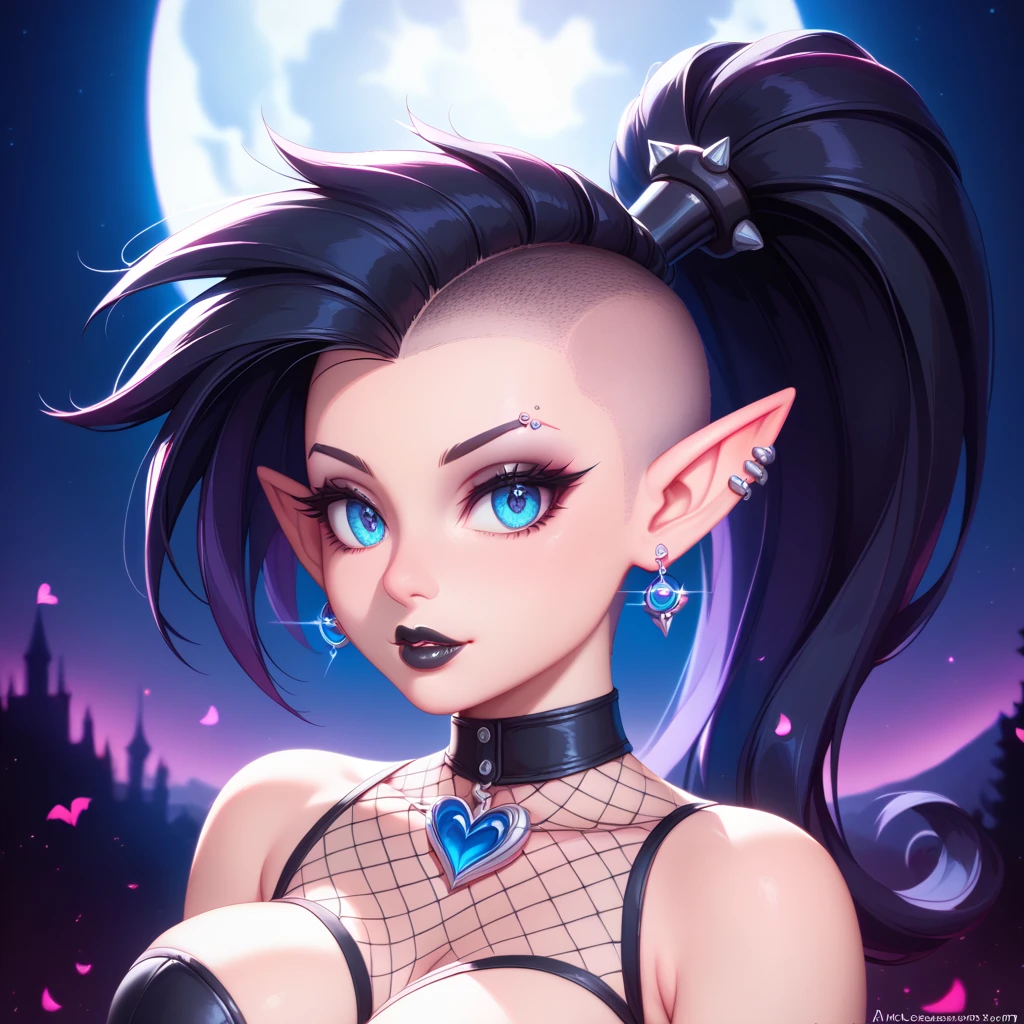 score_9, score_8_up, score_7_up, ((Masterpiece)), ((highres)), ((1person, 1girl, 1female)), Random poses, beautifully detailed succubus girl, ((white mohawk w/ponytail)), defined elf ears with ear guages, defined eyes, pastel iris, long eye lashes, defined nose, black lipstick, curvy, fishnet, (((Black skin))), black demon horns, breasts, night sky, pastel gothic style, gothic style art, gothic asthetic, (((gothic background))), bust shot