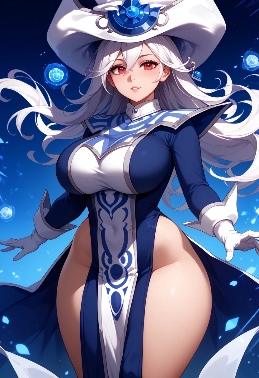 Perfect CG unity 8K UHD wallpaper, Perfect CG unity 8K UHD wallpaper, silentmagician, white hair, super long hair, red eyes, wizard hat, blue dress, hip vent, long sleeves, white gloves, tabard, pelvic curtain, gradient background, magic background, wide hips, thick thighs, huge breasts