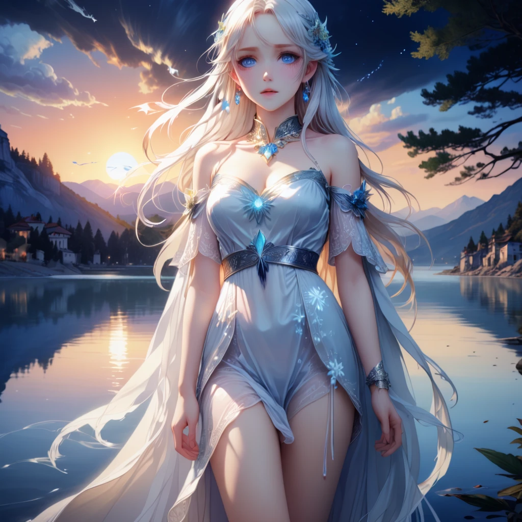 Ash blonde hair woman crystal blue eyes standing by cliff, looking over the misty sea. White shimmering dress, silver and sapphire tiara, sapphire necklace and earring