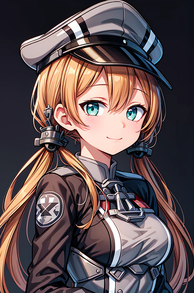 (masterpiece, best quality, illustration, delicate details, 8K:1.2),(upper body:1.2),1girl,solo,small face,(naughty smile:1.2),(looking at viewer:1.8),black background,blonde hair,twintails,hair ornament,military uniform,anchor hair ornament,peaked cap,white gloves,low twintails,iron cross,breasts,long sleeves,military hat,long hair,green eyes,aqua eyes