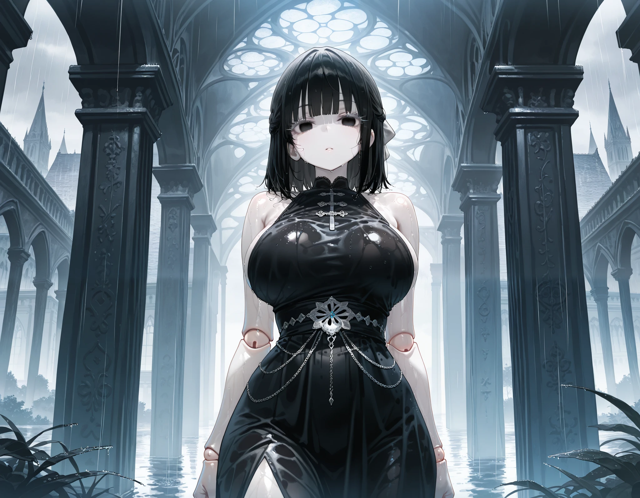 1girl, solo, large breasts, looking at viewer, black eyes, (wihte hair:1.4) , (pale skin:1.4), medium hair, empty eyes, outdoors, doll joints, half updo, blunt bangs, rain, wet, gothic architecture, standing, black dress, (silver eyelashes:1.4), high contrast, spot color, bare shoulders sleeveless, masterpiece, best quality, amazing quality, very aesthetic, absurdres, newest,