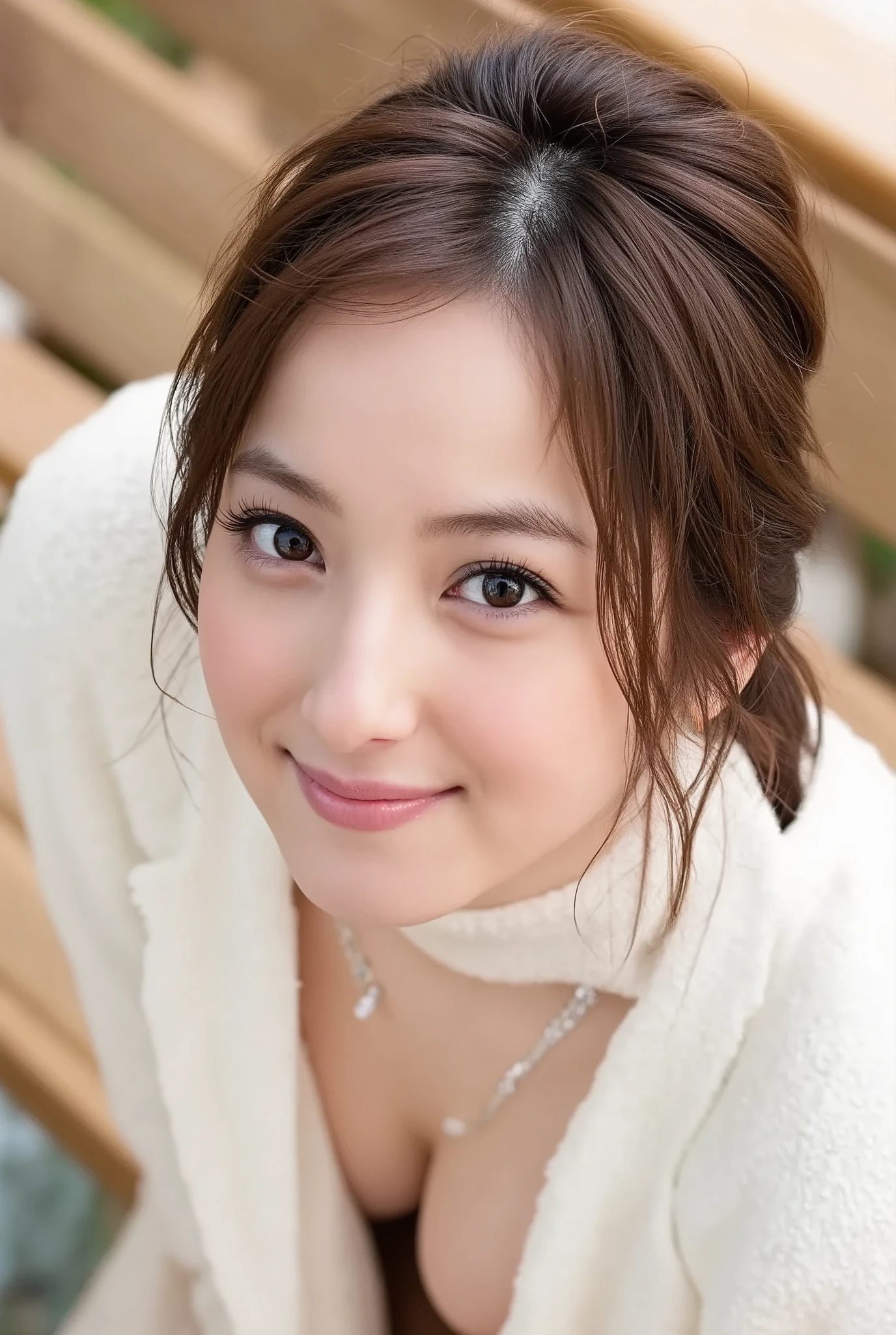 Mature 24 year old woman(Zuo々Nozomi)が一人Yes 、The woman has shiny dark hair(前髪To下ろしたソフトウェーブロングポニーテールヘアー:1.6)のヘアースタイルToしてYes 、女性の体型は均整のとれたプロポーションでヘソは縦型にくぼんでYes 、Breasts are beautifully shaped ( C cup size :1.6)で美しい形ToしてYes 、( cleavage、Thin thighs:1.6)、Women美しい自然な昼間光ライティングの( sit on a park bench and show )Yes 、Women( cleavageTo強調した白色サマーセーターと紺色スリットミニスカート:1.6)To着てYes 、Women(She is looking at the camera with a slight smile on her face)でこちらTo見てYes 、(女性が前かがみになっている姿To正面から見る画像:1.6)To( Cowboy Shots:1.6) generated by 、 The image is highly saturated and has a realistic (Full screen picture :1.6)is、