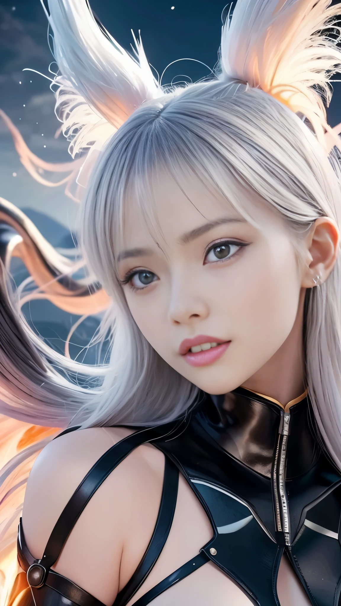 (extremely detailed CG unity 8k wallpaper,masterpiece, best quality, ultra-detailed),(best illumination, best shadow, an extremely delicate and beautiful), floating, high saturation, dynamic angle, ((1girl)), gorgeous, ningguang \(genshin impact\), white hair, red eyes, very long hair, hair ornament, bangs