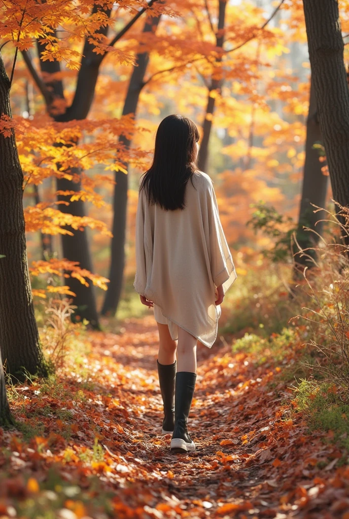 A slender Japanese woman walking through an autumn forest with colorful foliage. She is wearing a stylish poncho over a blouse, paired with a skirt and knee-high boots. The scene is set on a gentle hill surrounded by vibrant red, orange, and yellow leaves. The atmosphere is serene and crisp, capturing the essence of a peaceful autumn day.