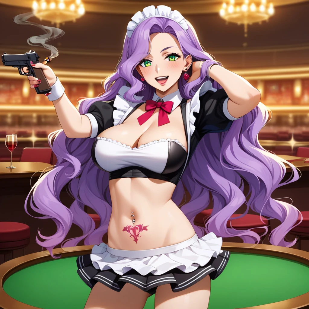 score_9, score_8_up, score_7_up, score_6_up, score_5_up, score_4_up, rating_questionable, , source_anime, digital illustration, pixiv, fanbox, uncensored, , BREAK, official art,
1girl, solo, female, anna clement, purple hair, green eyes, long hair, wavy hair,
 long hair, earrings, red lips, large breasts, ear piercing, long hair, blush, lipstick,Hot girl, baddie, smoking, sensual, attractive , jewelry, earrings, complex detailed background, casino environment, fancy interior environment, rich
interior, masterpiece, best quality, highly detailed, a anime girl in maid uniforms, holding pistol, maid
outfit, cleavage, evil smile, smile, open mouth ,ecchi anime style, anime girls, ecchi style, ecchi, digital
anime art!!, in anime style, official artwork, (nsfw) not safe for work, beautiful anime maid girl, anime
style 4 k, micro skirt, exposed belly, exposed navel, exposed midriff, exposed lower belly, holding a gun,navel piercing ,,, tattoo, tattoo midriff, rose tattoo, open arms sideway, arms T-pose, smirk, standing, anime girl T posing