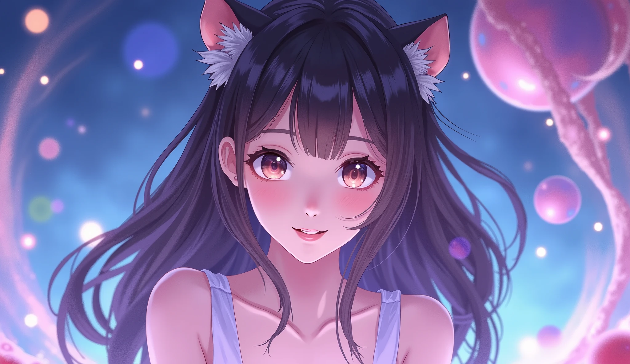 Anime girl with long hair and cat ears in a blue dress - SeaArt AI